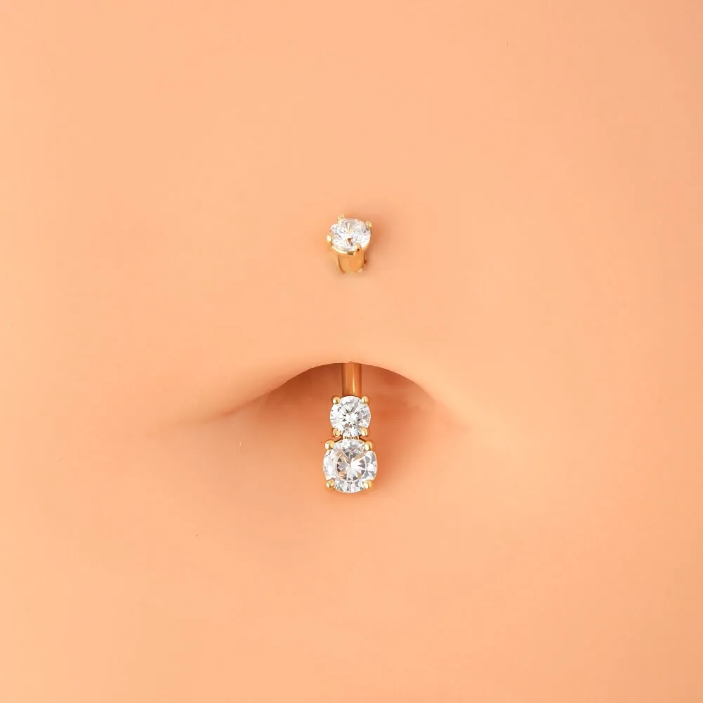 14K Real Gold Belly Ring 14G Three Round Solitaire CZ Navel Ring