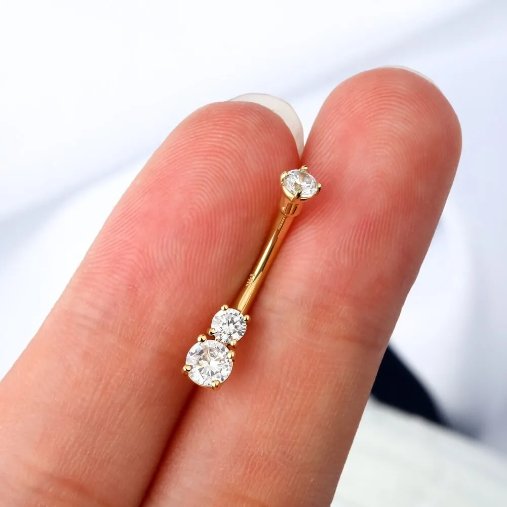 14K Real Gold Belly Ring 14G Three Round Solitaire CZ Navel Ring