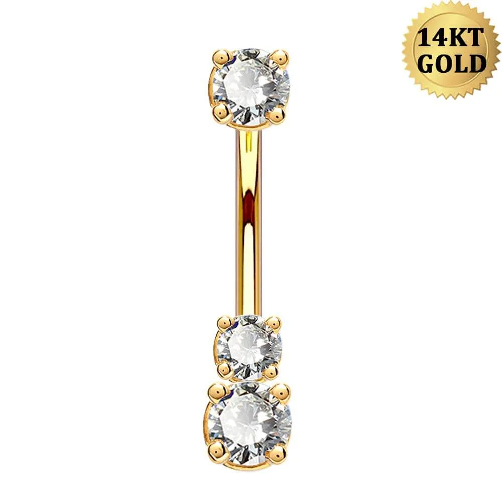 14K Real Gold Belly Ring 14G Three Round Solitaire CZ Navel Ring