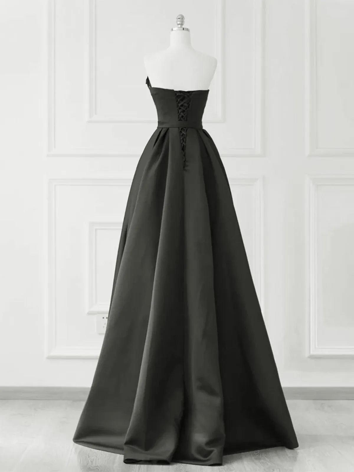 A-line Black Satin V-neckline Strapless Prom Dress, Black Long Party Dress