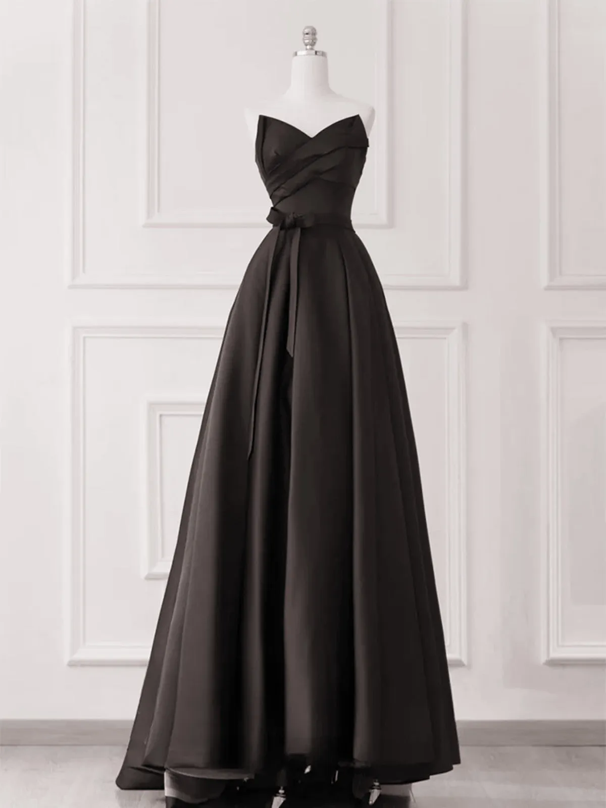 A-line Black Satin V-neckline Strapless Prom Dress, Black Long Party Dress