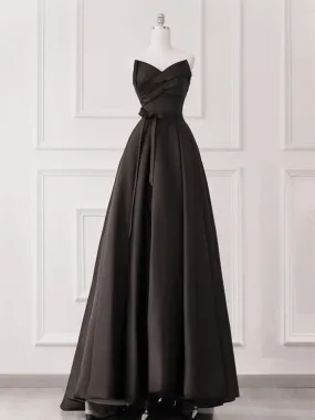 A-line Black Satin V-neckline Strapless Prom Dress, Black Long Party Dress