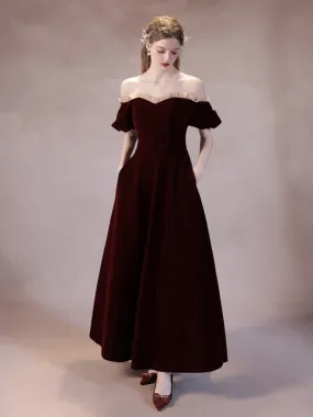 A-Line Burgundy Velvet Long Prom Dress, Burgundy Formal Dress