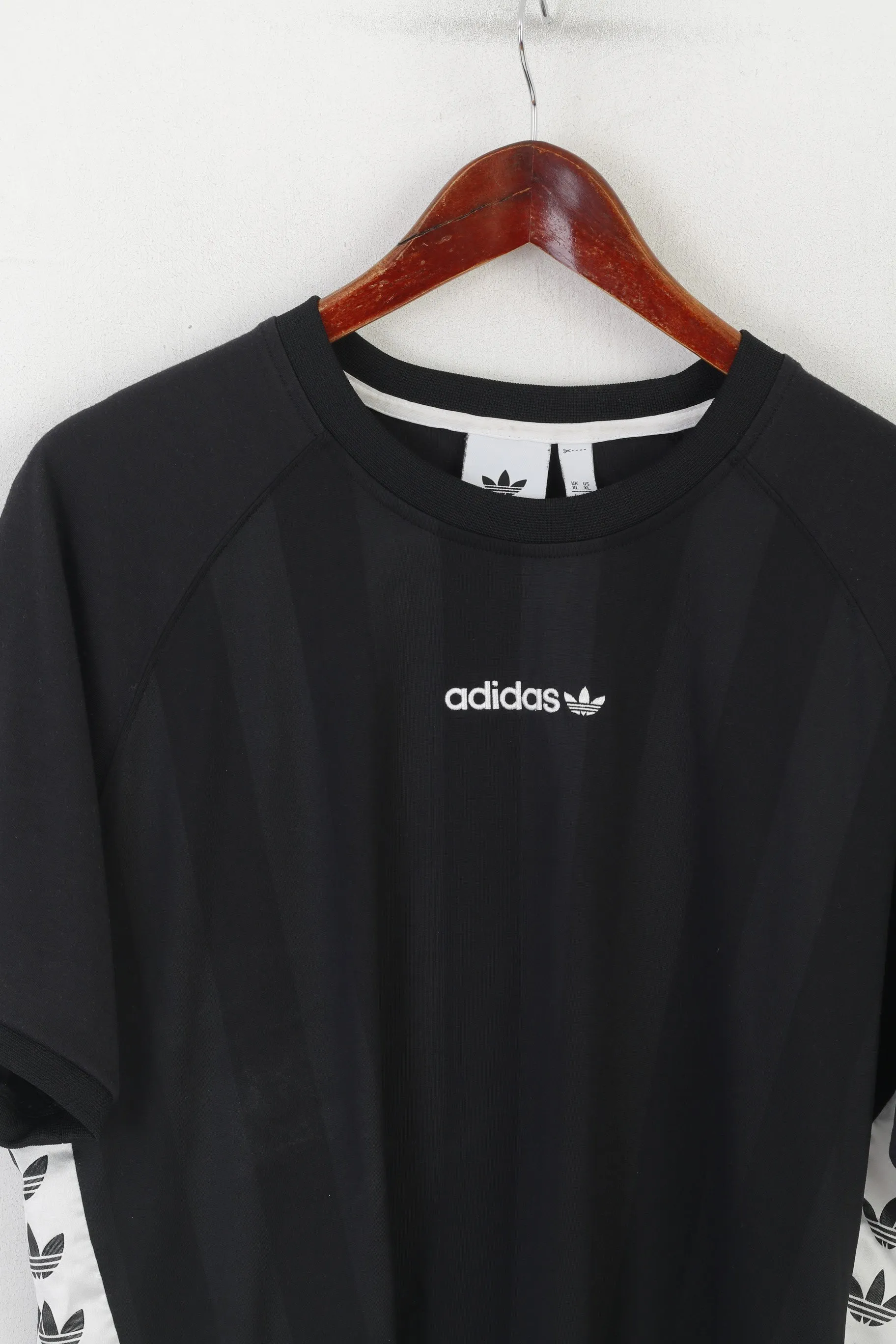 Adidas Men XL Shirt Black Shiny Inserts Logo Sportawear Retro Activewear Top