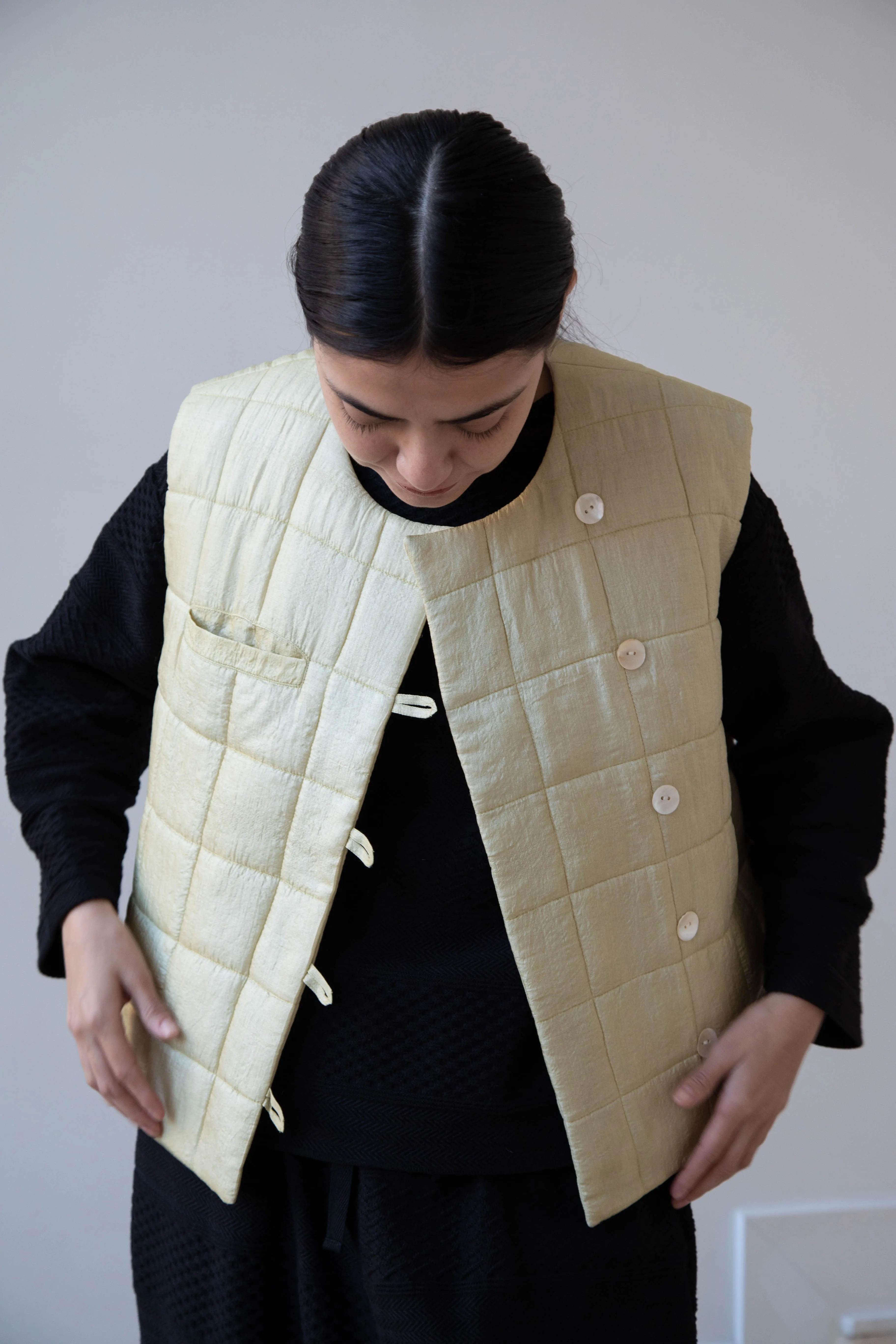 Anaak Ledha Quilted Vest in Sulphur Tussar Silk