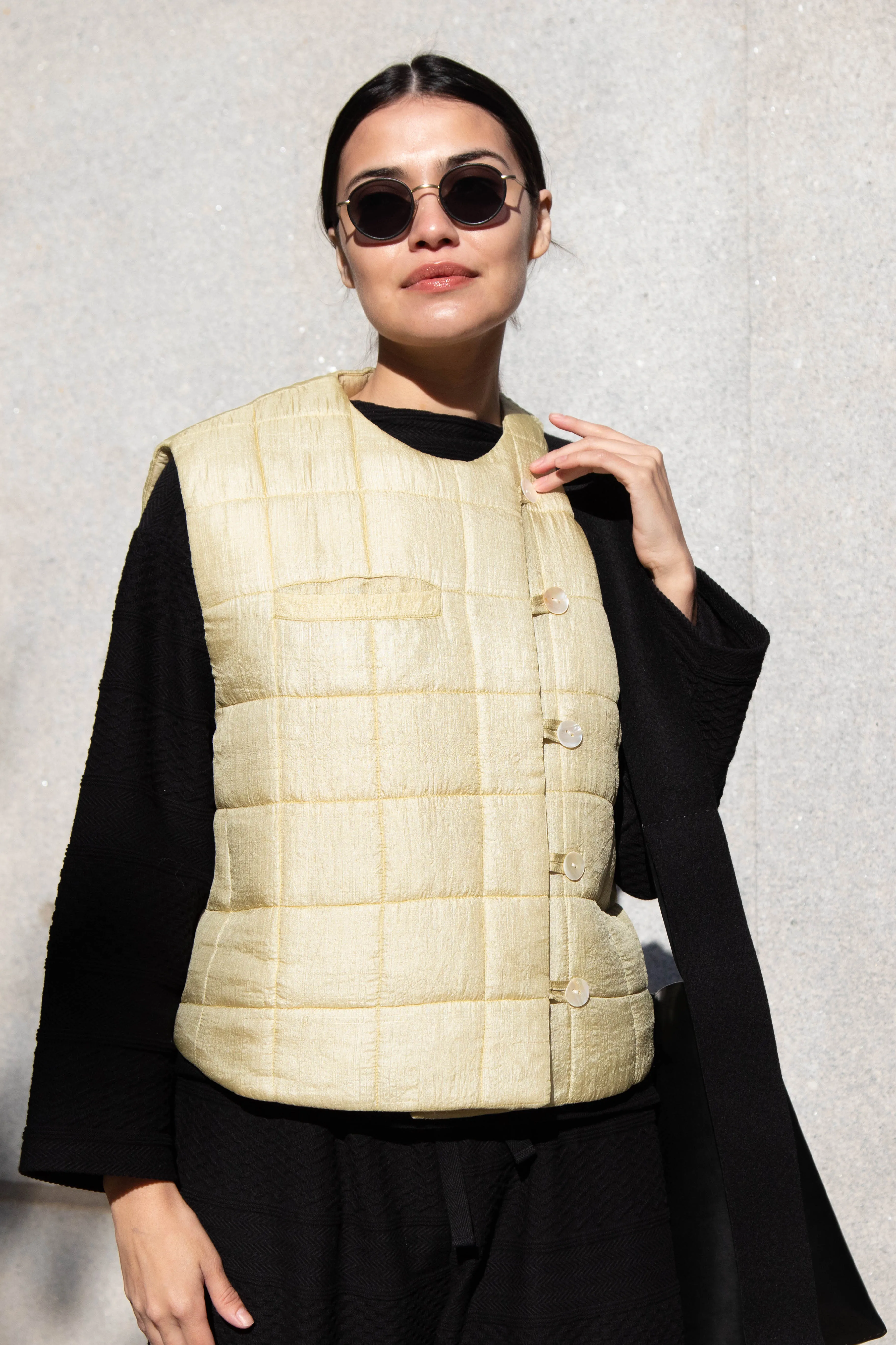 Anaak Ledha Quilted Vest in Sulphur Tussar Silk