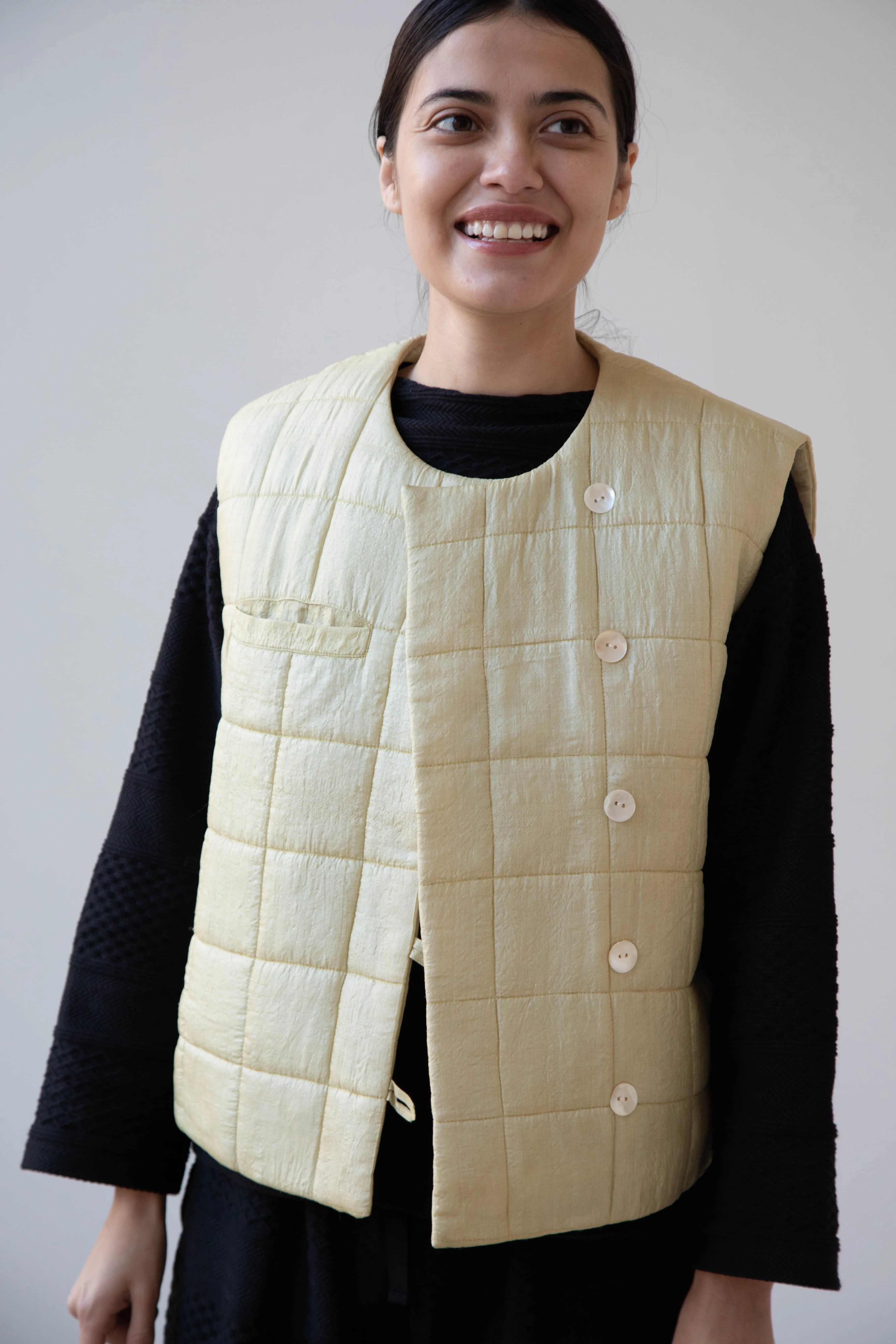 Anaak Ledha Quilted Vest in Sulphur Tussar Silk