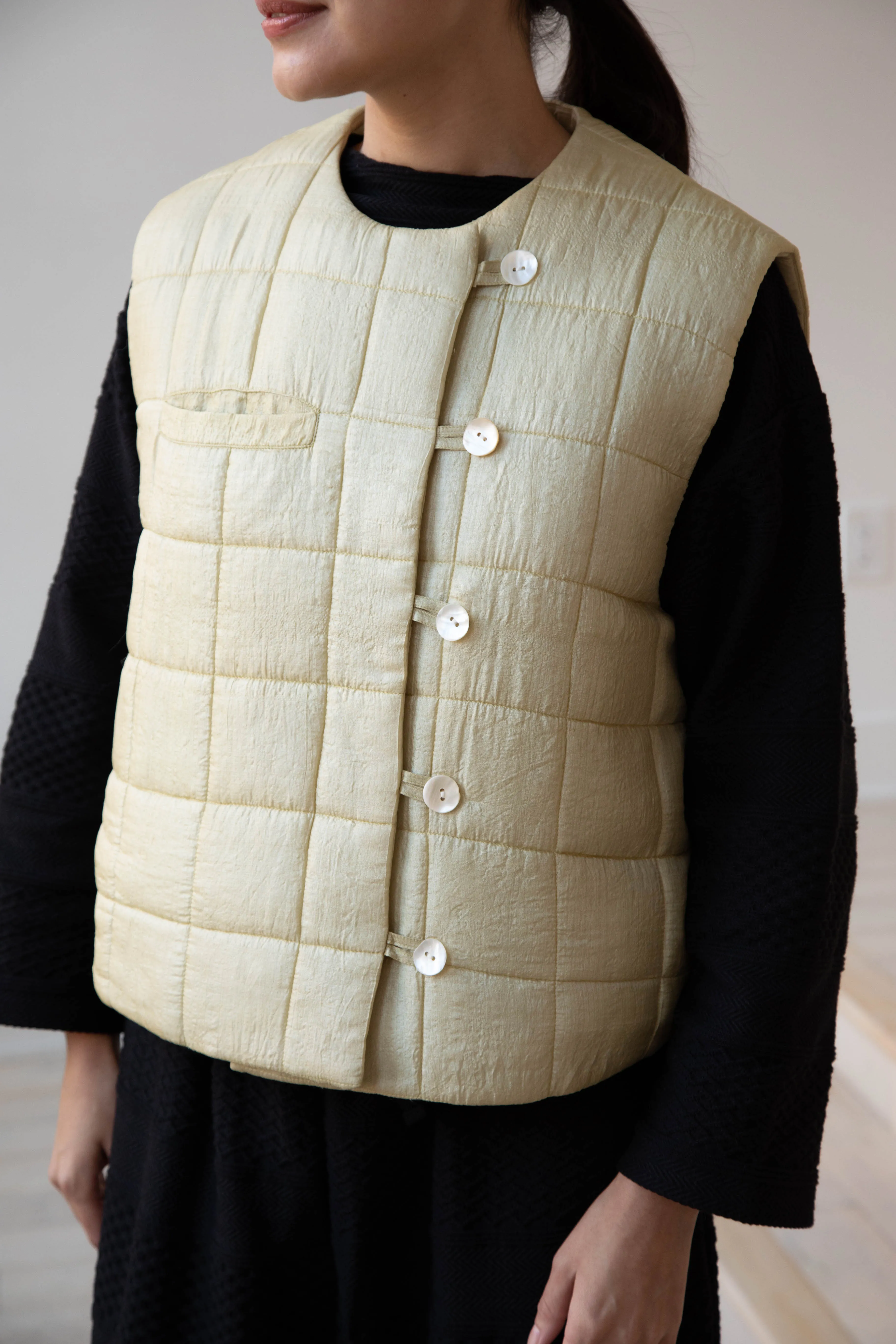 Anaak Ledha Quilted Vest in Sulphur Tussar Silk