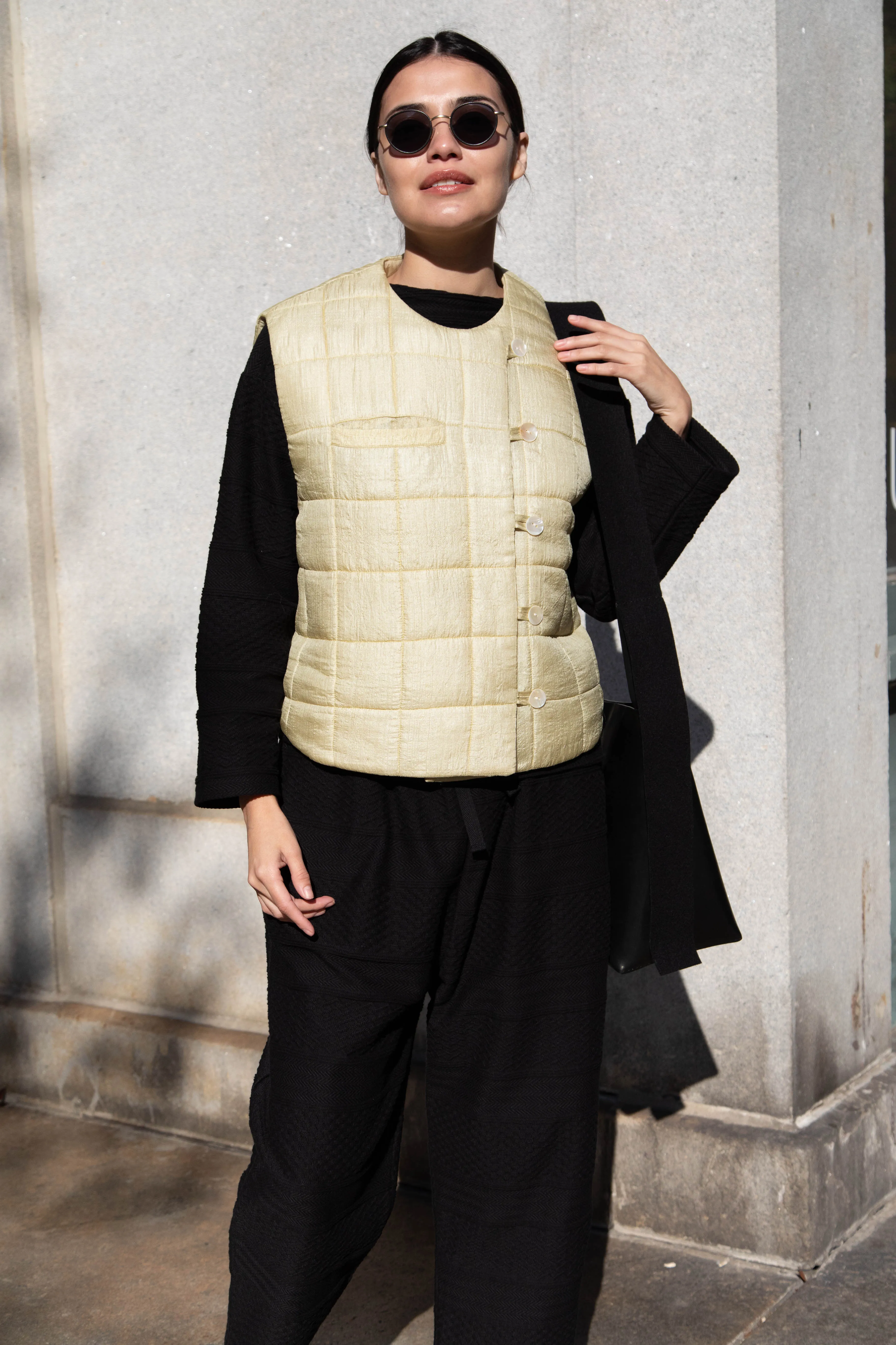 Anaak Ledha Quilted Vest in Sulphur Tussar Silk