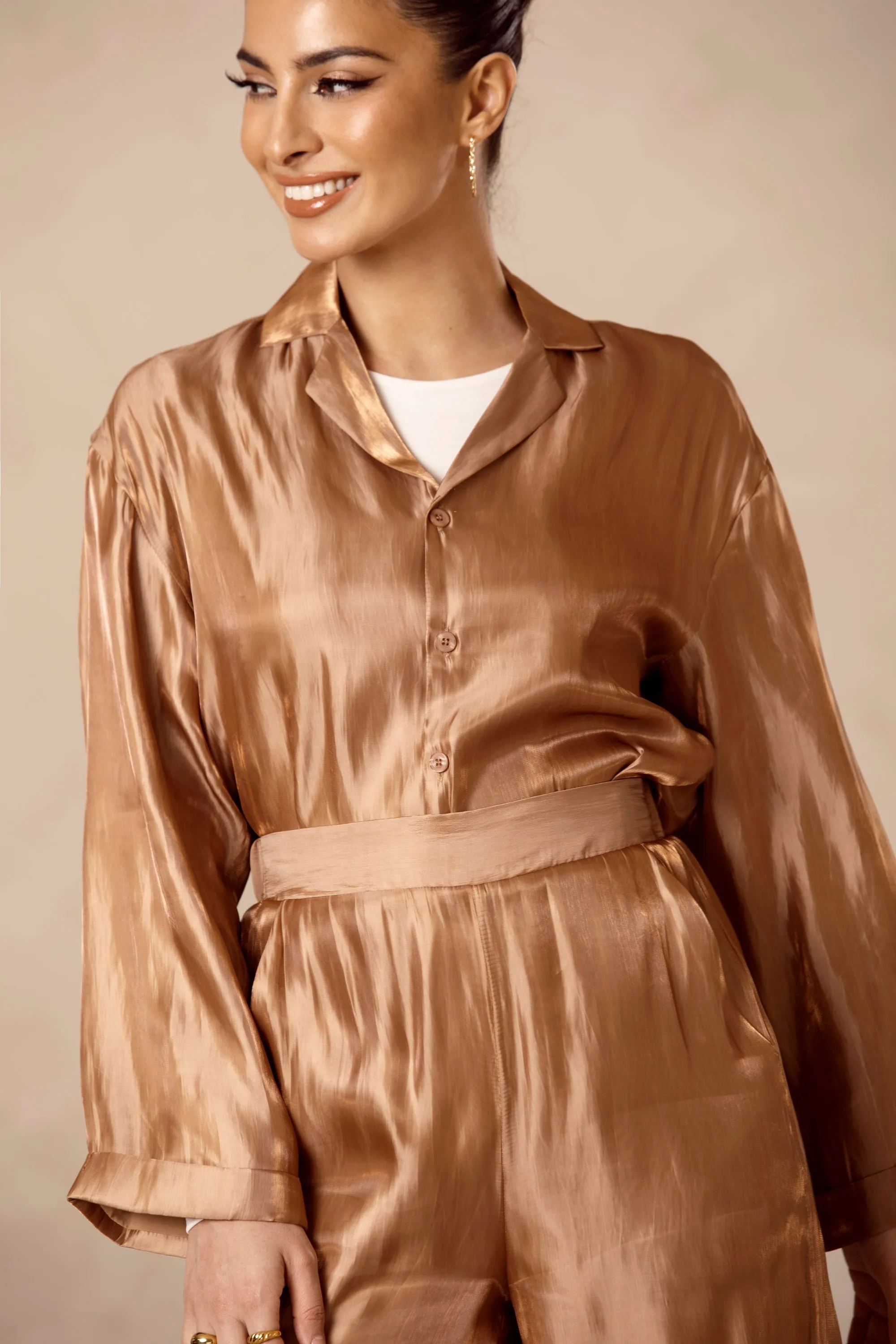 Anikka Satin Button Down Shirt - Cinnamon