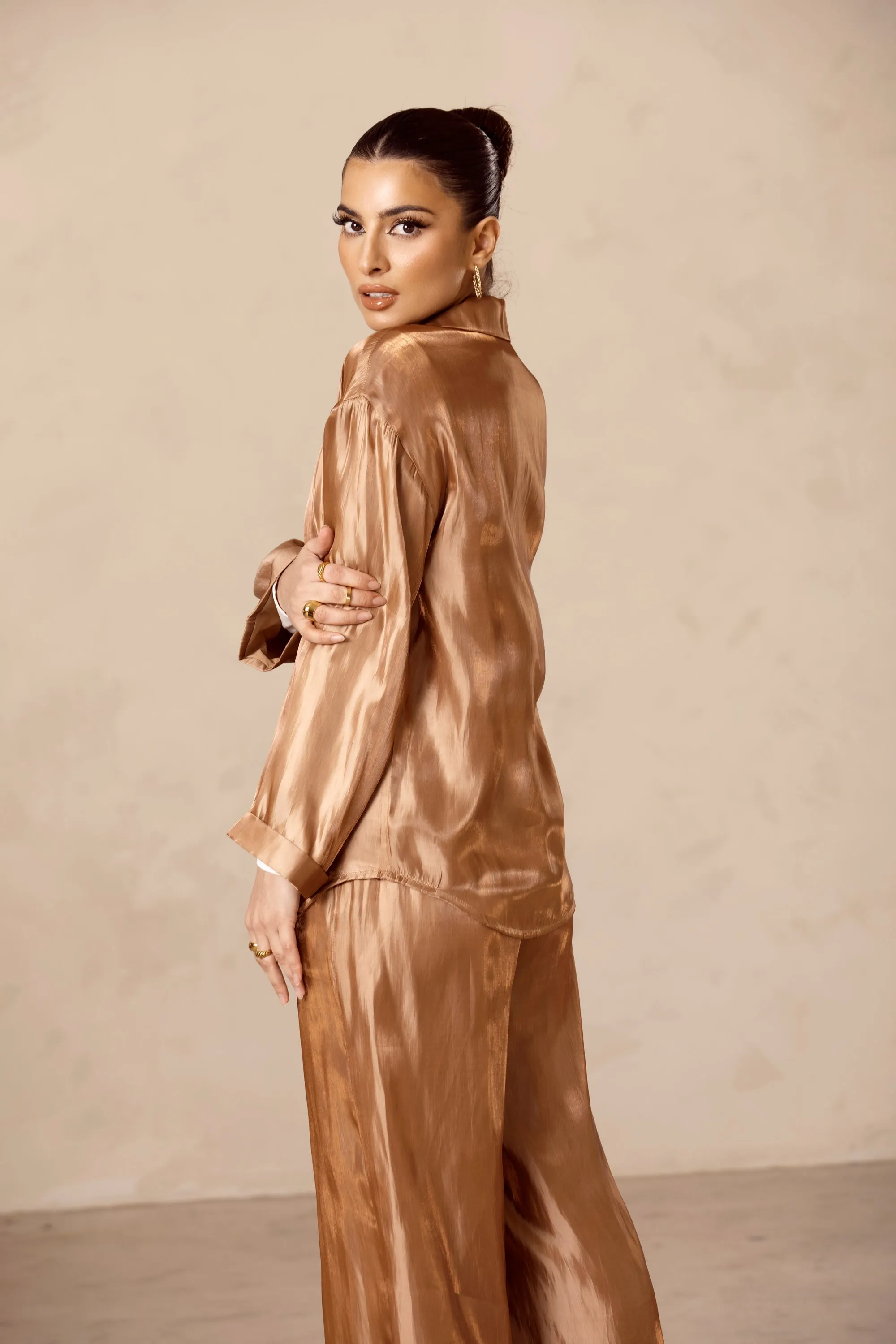 Anikka Satin Button Down Shirt - Cinnamon