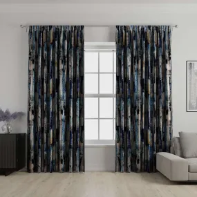 Aura Navy Blue Printed Velvet Curtains