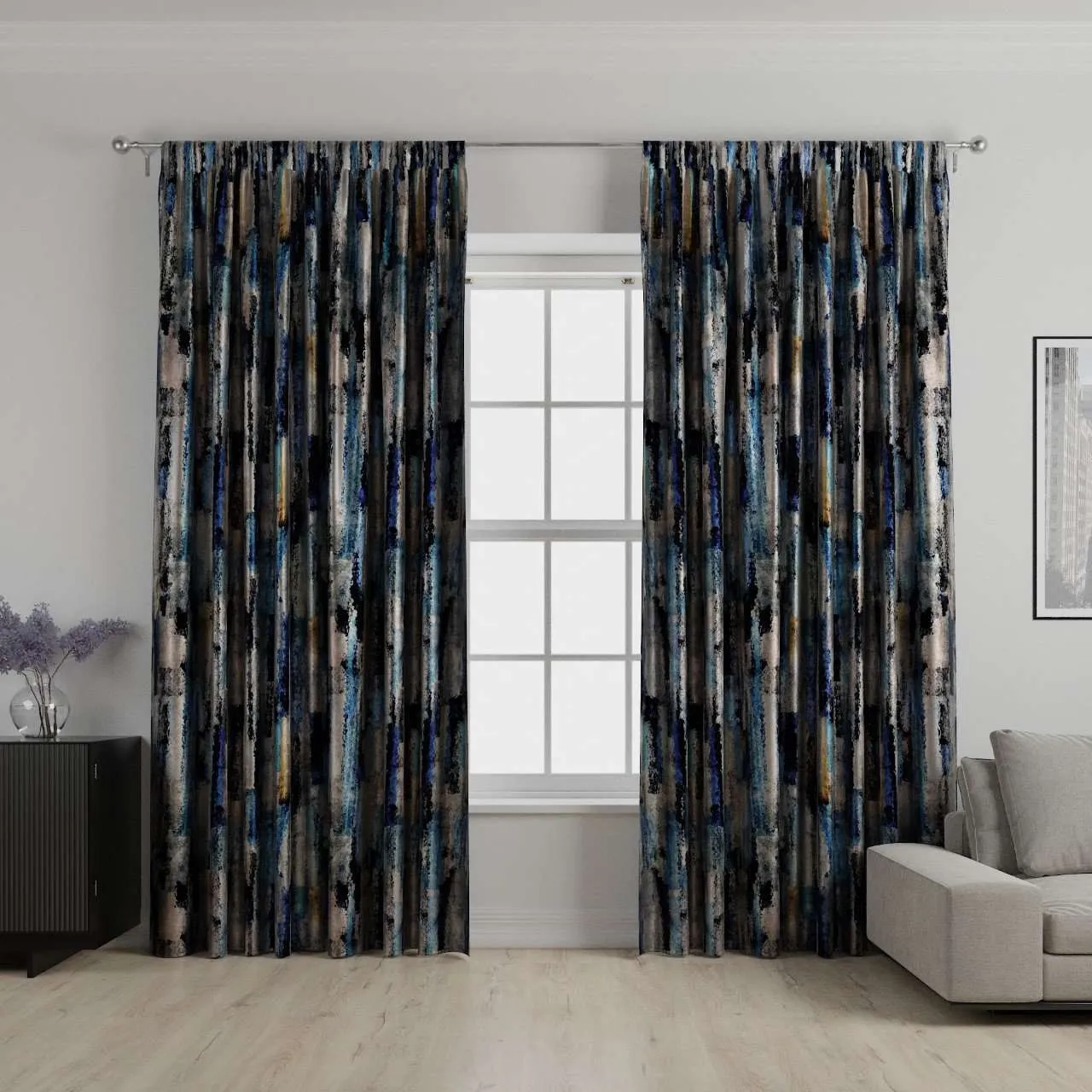 Aura Navy Blue Printed Velvet Curtains