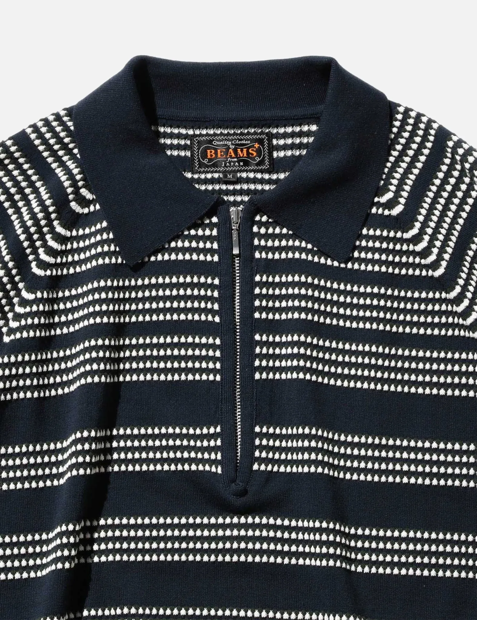 Beams Plus Half Zip Knit Jacquard Polo Shirt - Navy Blue