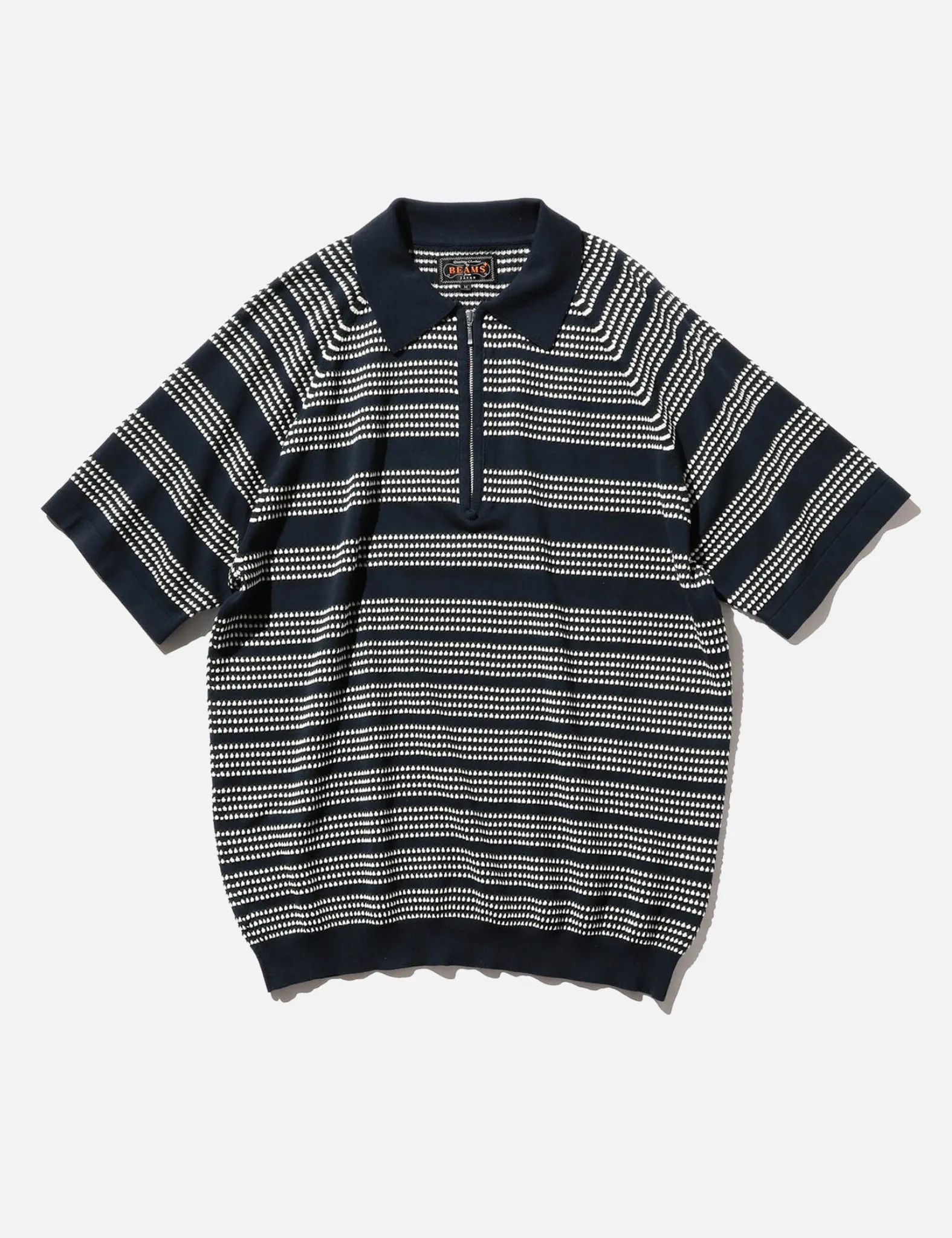 Beams Plus Half Zip Knit Jacquard Polo Shirt - Navy Blue