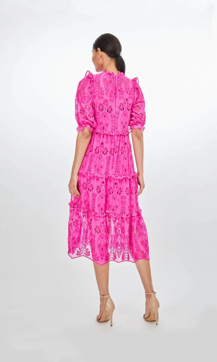 BIRDIE EMBROIDERED DRESS - HOT PINK