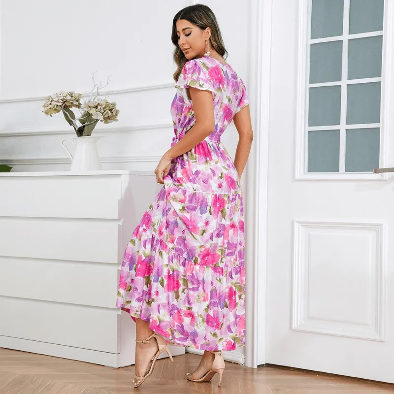 Boho-Chic V-neck Printed Lotus-Flower Hem Long Dress