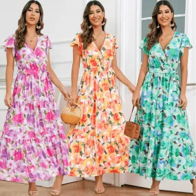 Boho-Chic V-neck Printed Lotus-Flower Hem Long Dress