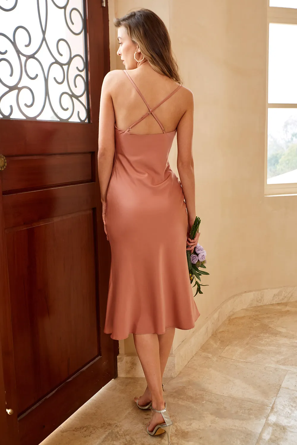 Brown Spaghetti Straps Slip Bridesmaid Dress