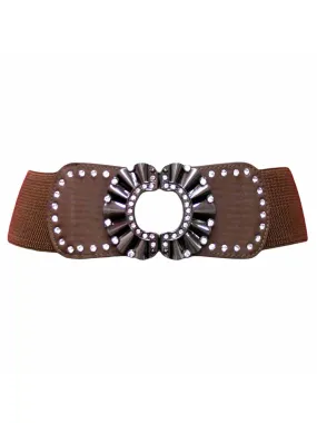 Brown Wide Elastic Waist Belt With Rhinestone Metal Buckle