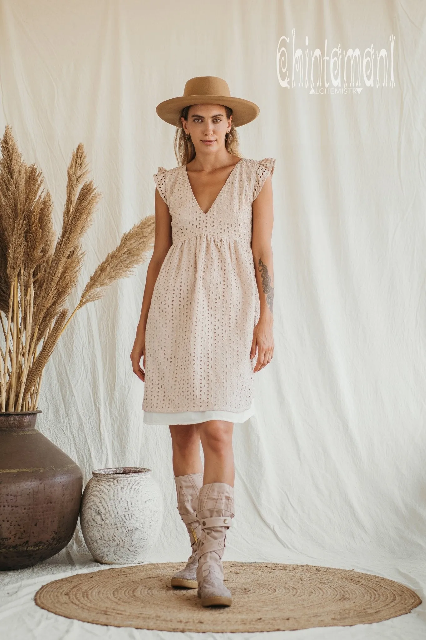 Certified Organic Cotton Mini Dress with Flower Eyelets / Beige