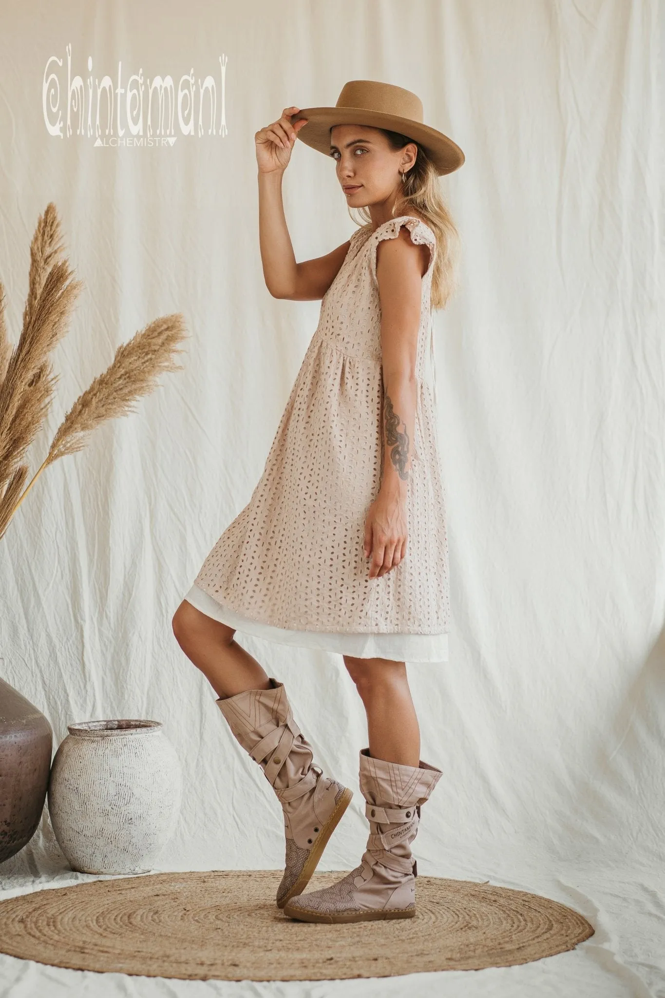 Certified Organic Cotton Mini Dress with Flower Eyelets / Beige