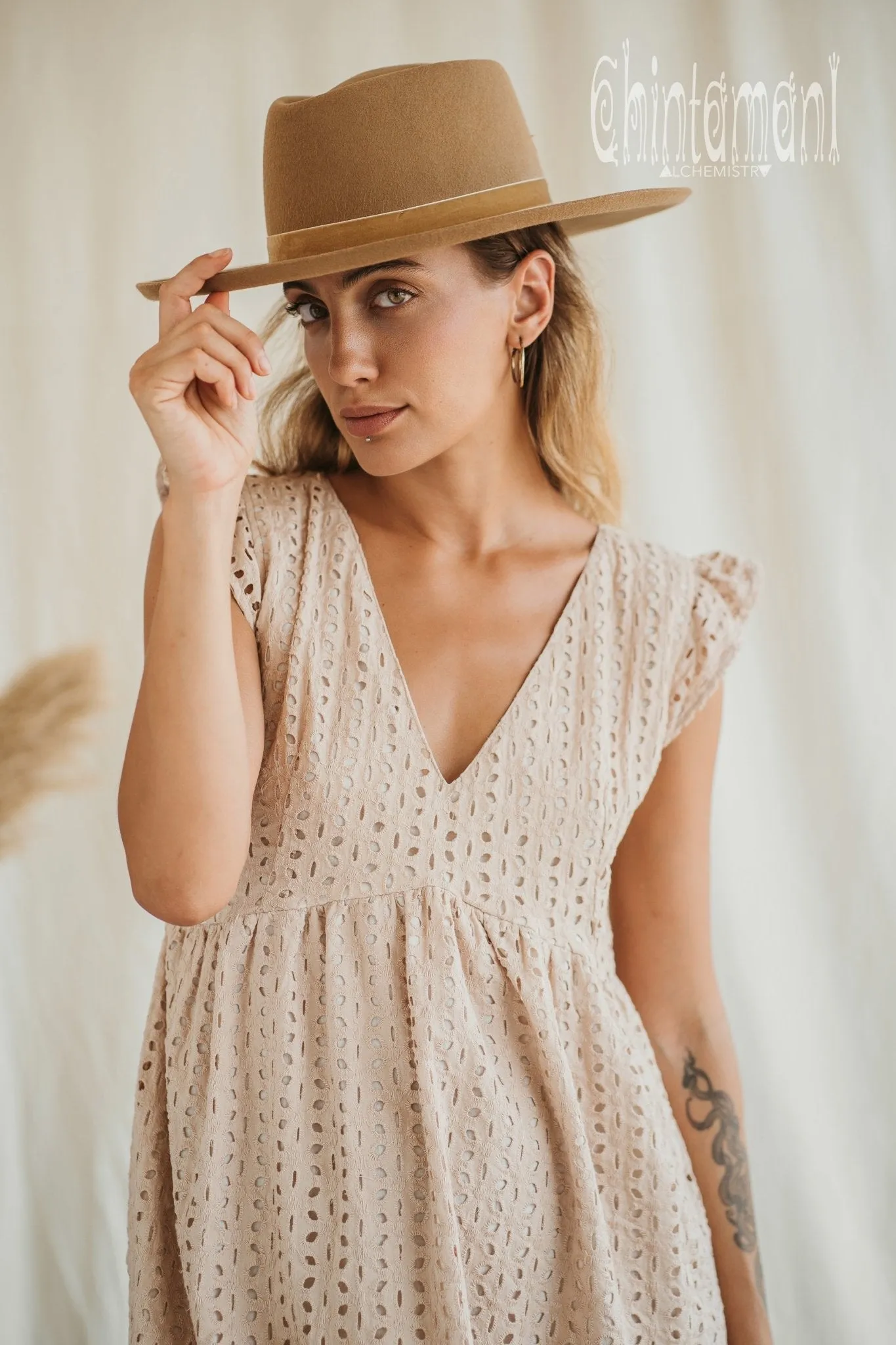 Certified Organic Cotton Mini Dress with Flower Eyelets / Beige