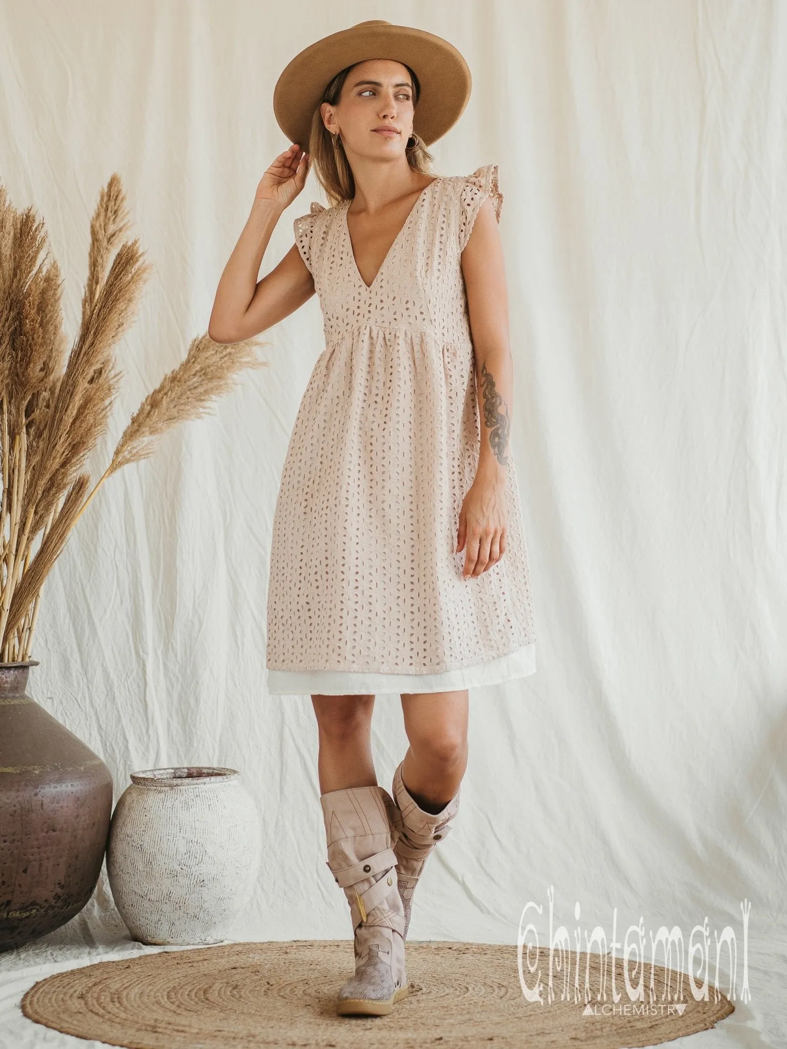 Certified Organic Cotton Mini Dress with Flower Eyelets / Beige