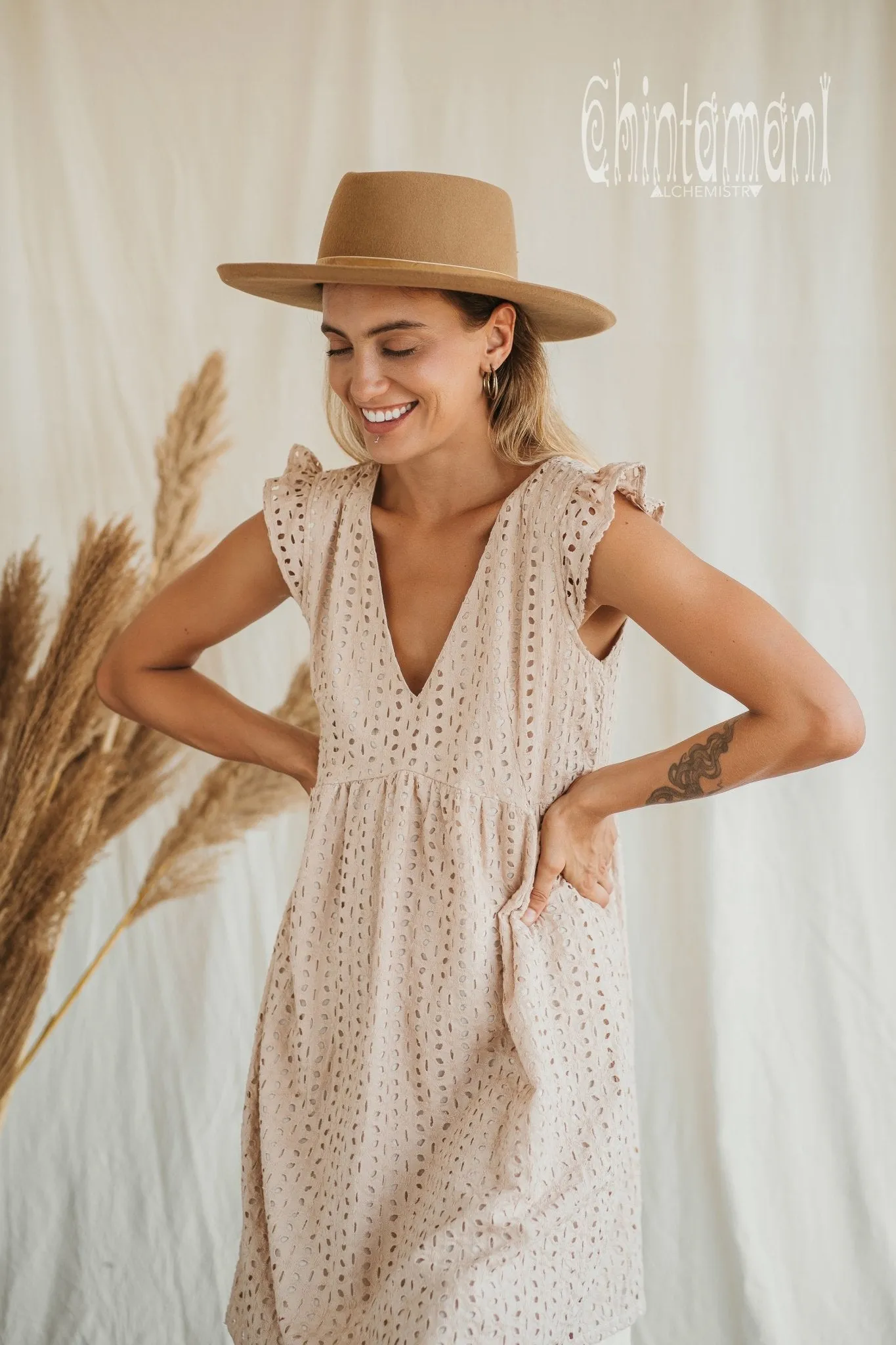 Certified Organic Cotton Mini Dress with Flower Eyelets / Beige