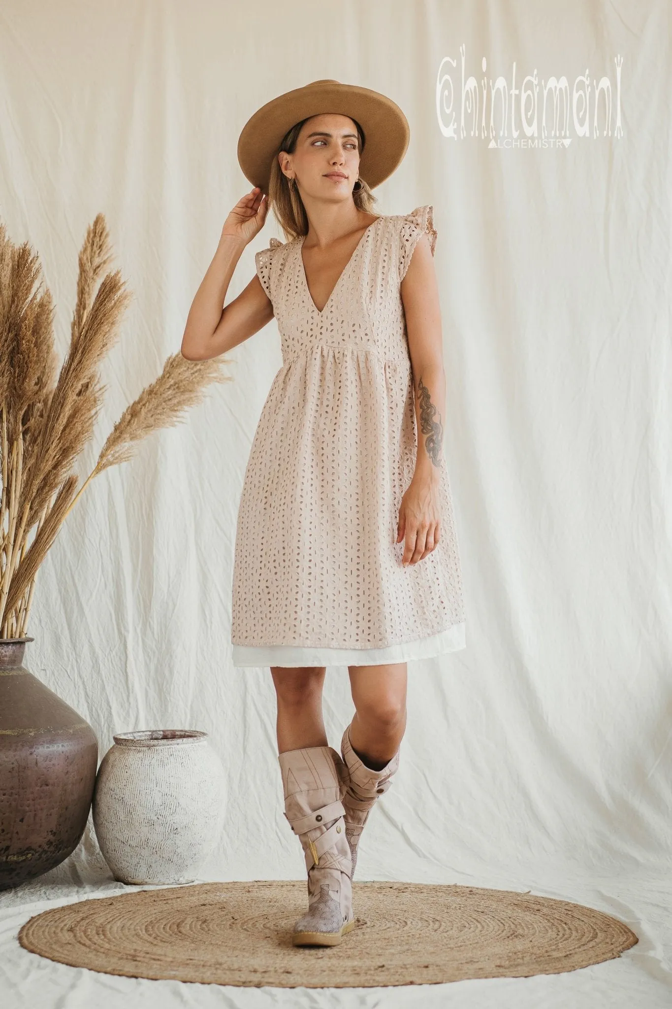 Certified Organic Cotton Mini Dress with Flower Eyelets / Beige