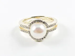 Classic Round Center Pearl With CZ Frame Two Layer Design Gold Tone Silver Ring