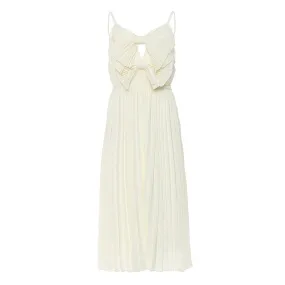 Cute V Neck Big Dual Bow Spaghetti Strap Pleated Midi Chiffon Slip Dress