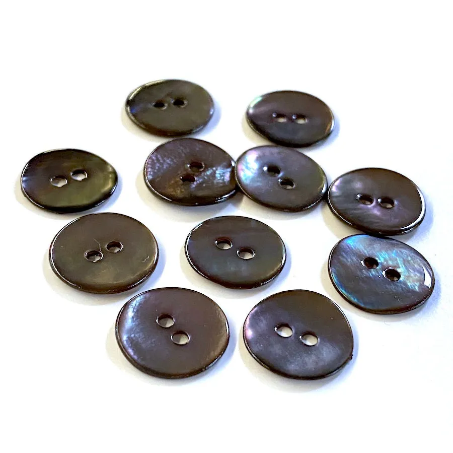 Dark Chocolate-Gray Shiny Agoya Shell 2-Hole Button Medium Size 9/16"  #1229