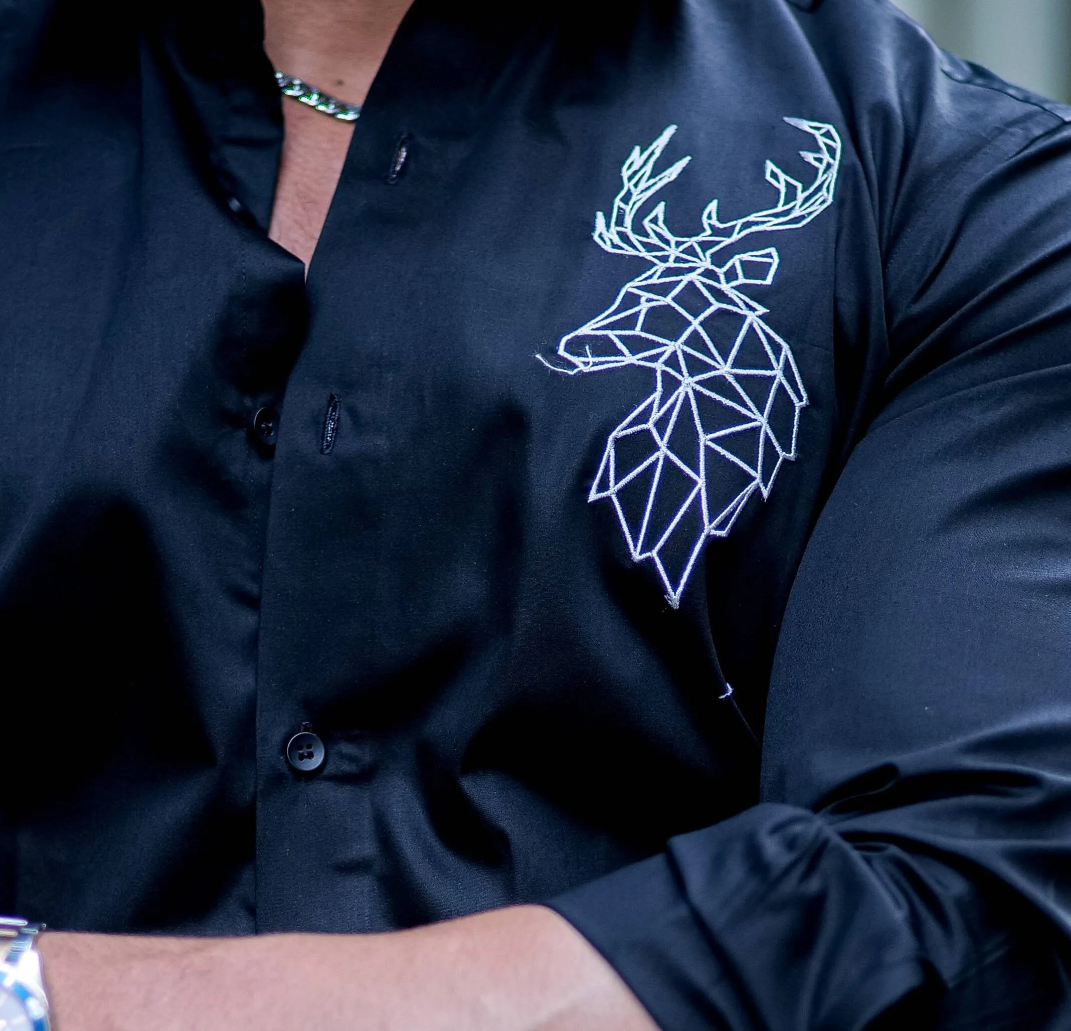 Deer Embroidered Black Premium Cotton Shirt