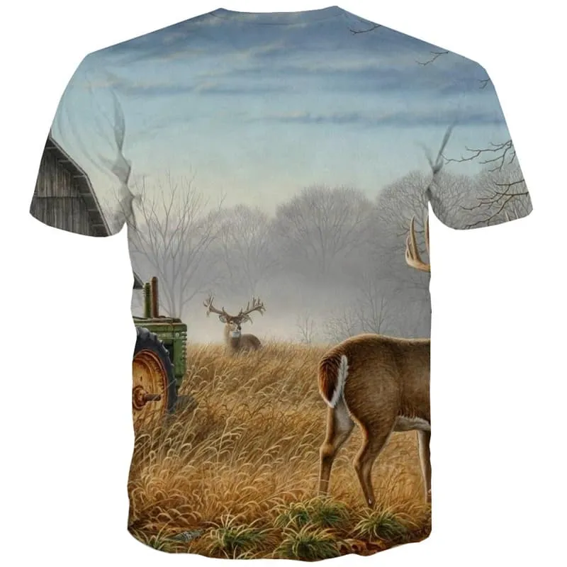 Deer T-shirt Men Animal Tshirt Printed Tree Tshirts Casual Landscape T-shirts Graphic