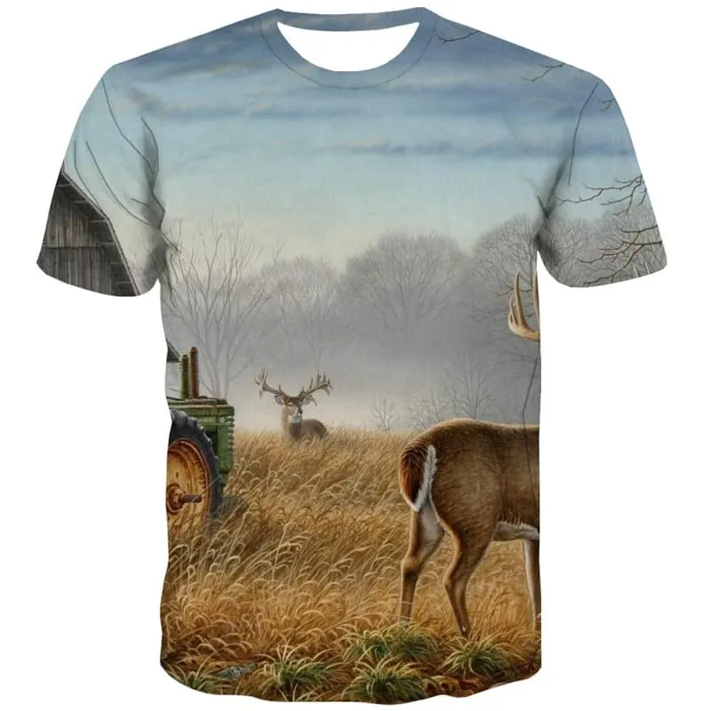 Deer T-shirt Men Animal Tshirt Printed Tree Tshirts Casual Landscape T-shirts Graphic