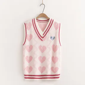 Embroidery heart lovely sleeveless sweater V-neck knitted vest kawaii college style pullover outfit