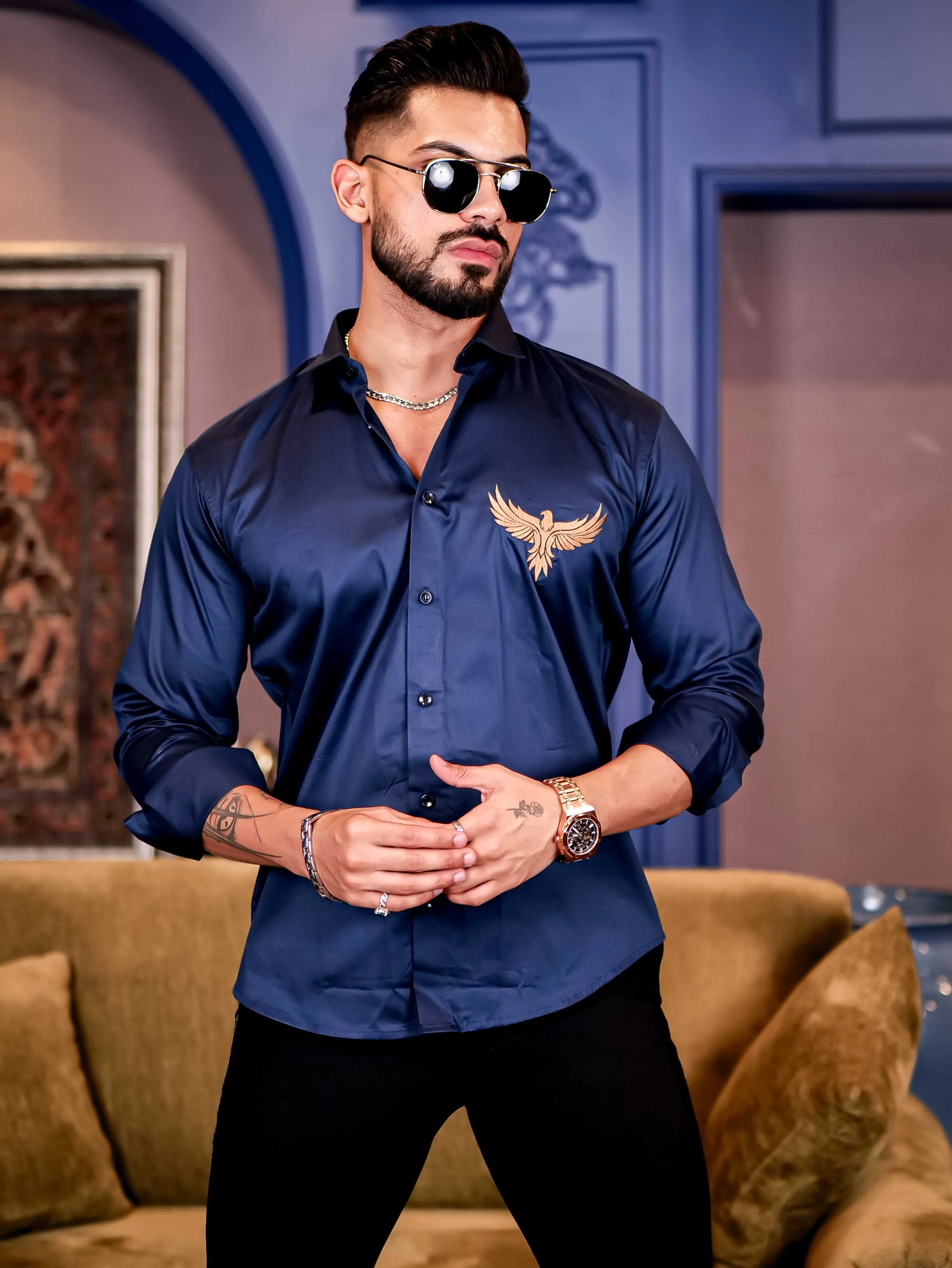 Falcon Navy Embroidered Club Wear Satin Cotton Shirt