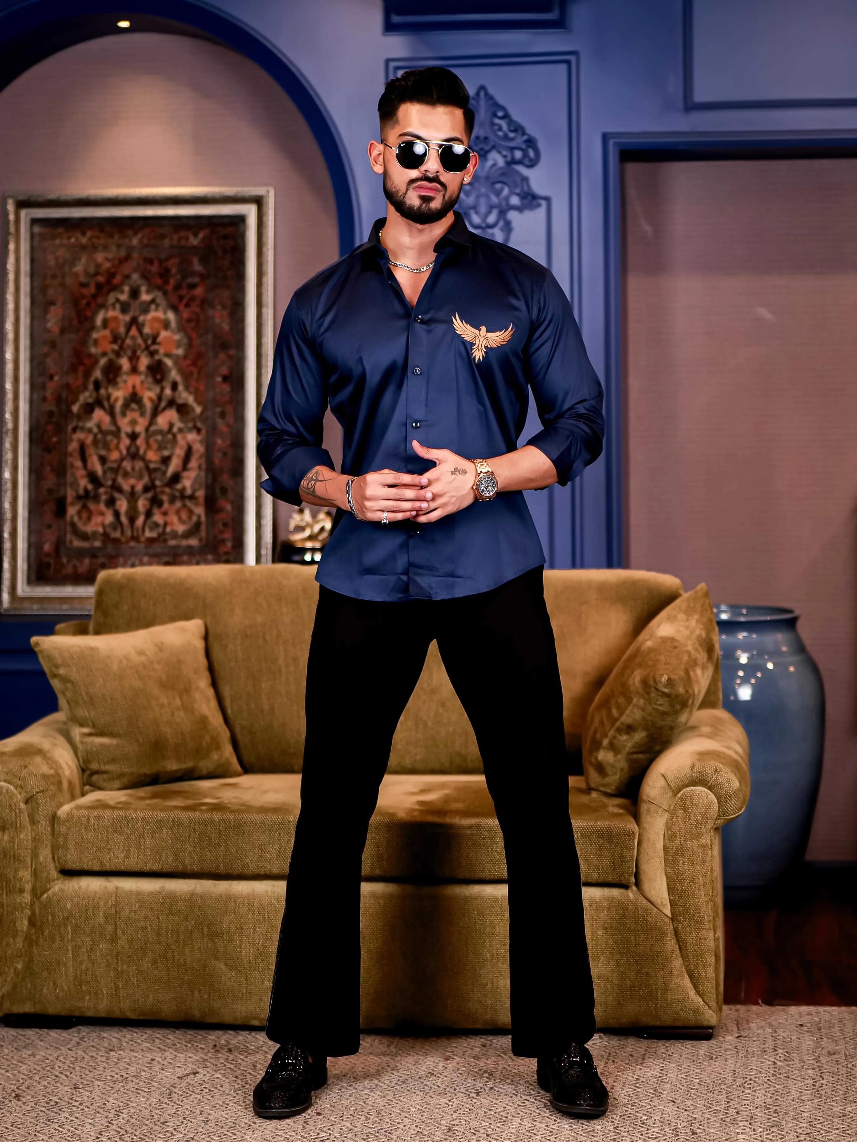 Falcon Navy Embroidered Club Wear Satin Cotton Shirt