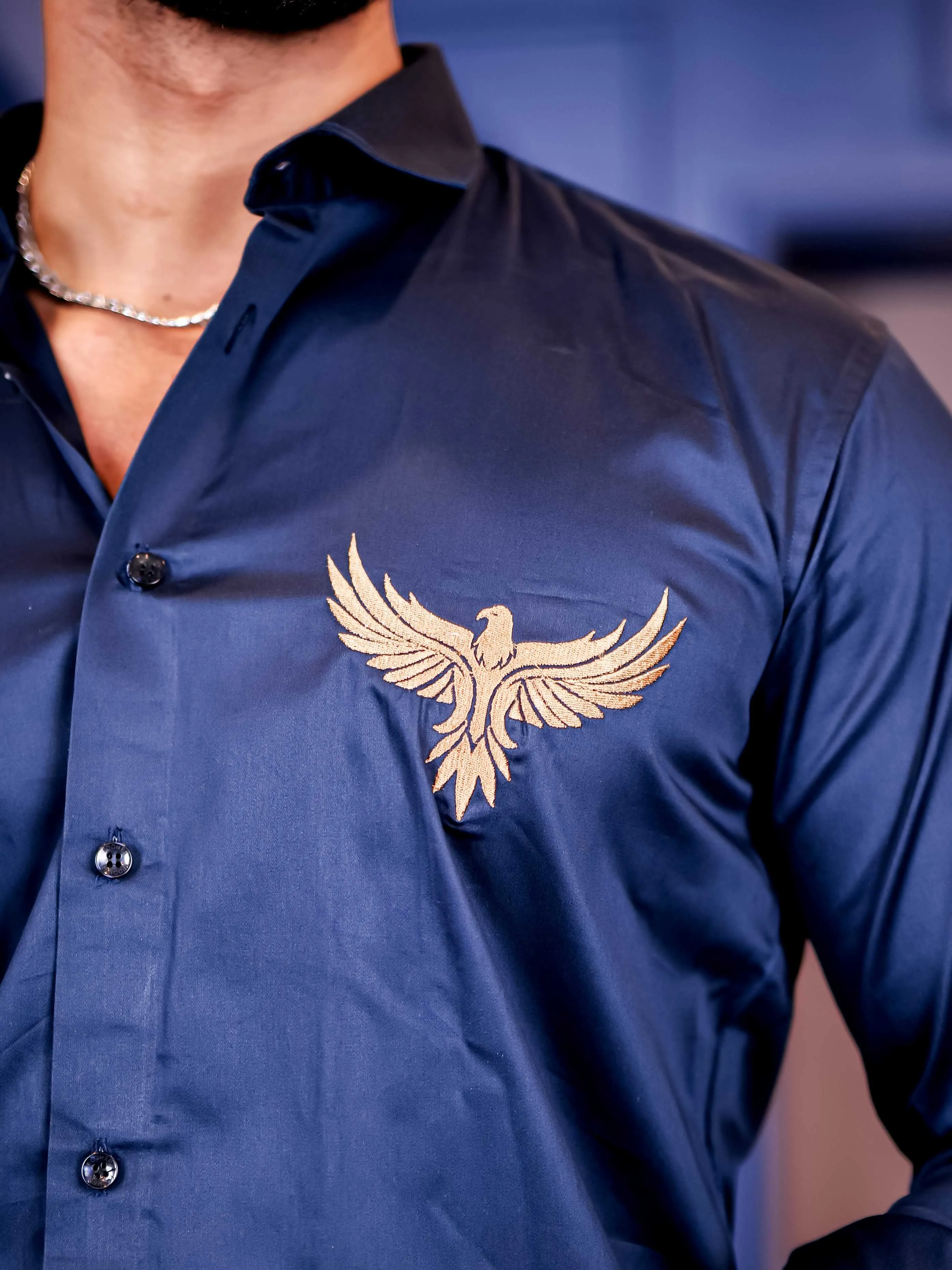 Falcon Navy Embroidered Club Wear Satin Cotton Shirt