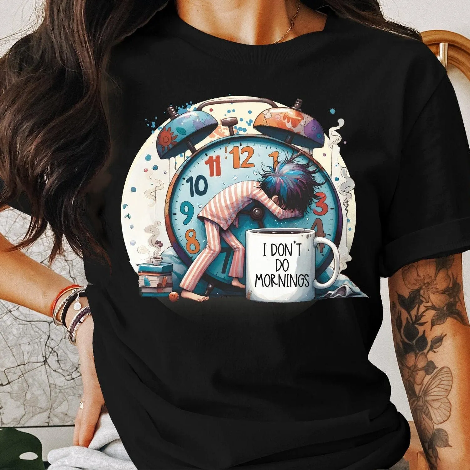 Funny Alarm Clock T-Shirt, I Don't Do Mornings, Sleepyhead Graphic Tee, Unique Illustration, Comfy Casual Wear, Unisex Gift Idea