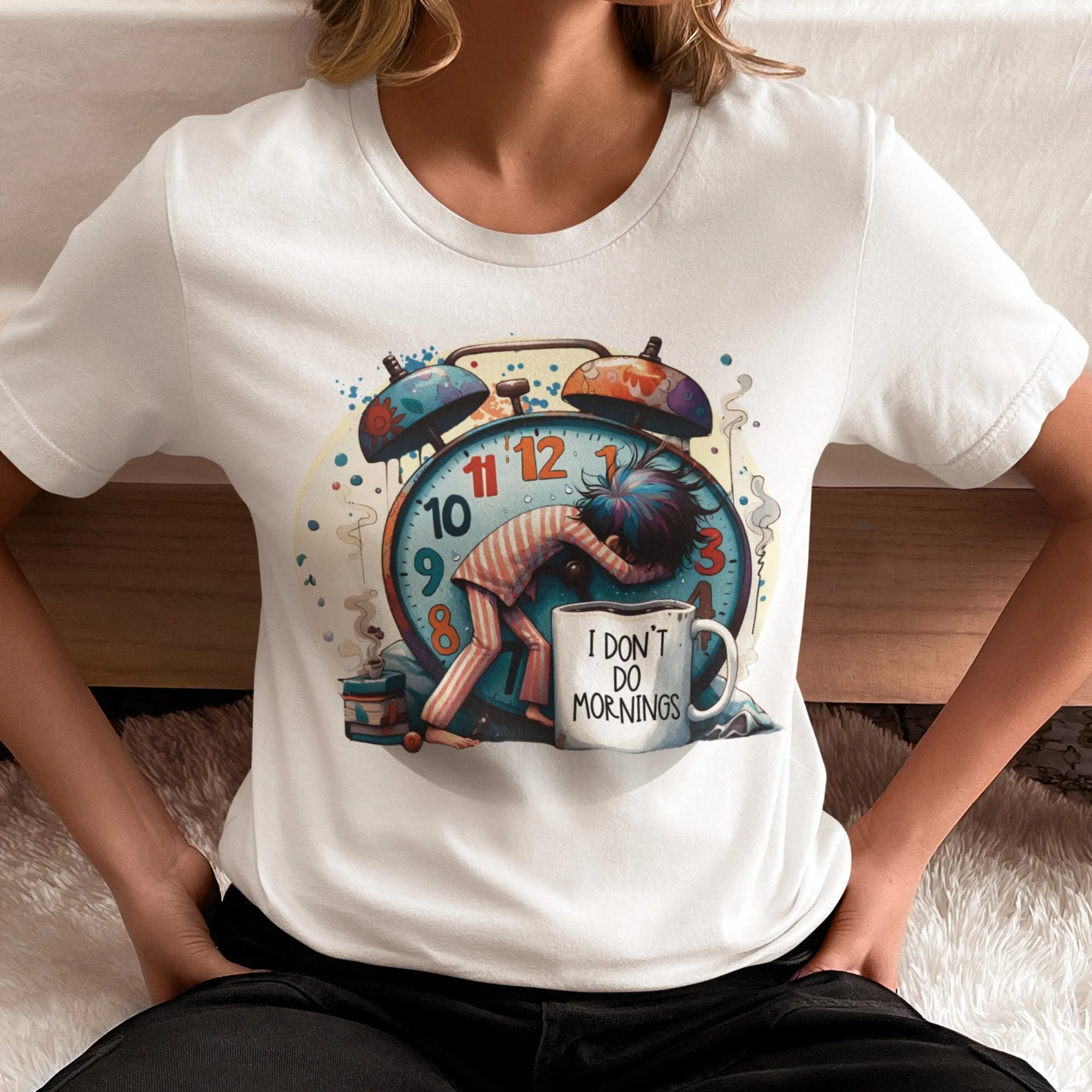 Funny Alarm Clock T-Shirt, I Don't Do Mornings, Sleepyhead Graphic Tee, Unique Illustration, Comfy Casual Wear, Unisex Gift Idea