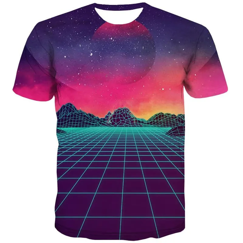 Galaxy T-shirt Men Moon T shirts Funny Technology Tshirts Novelty Grid Tshirts Cool