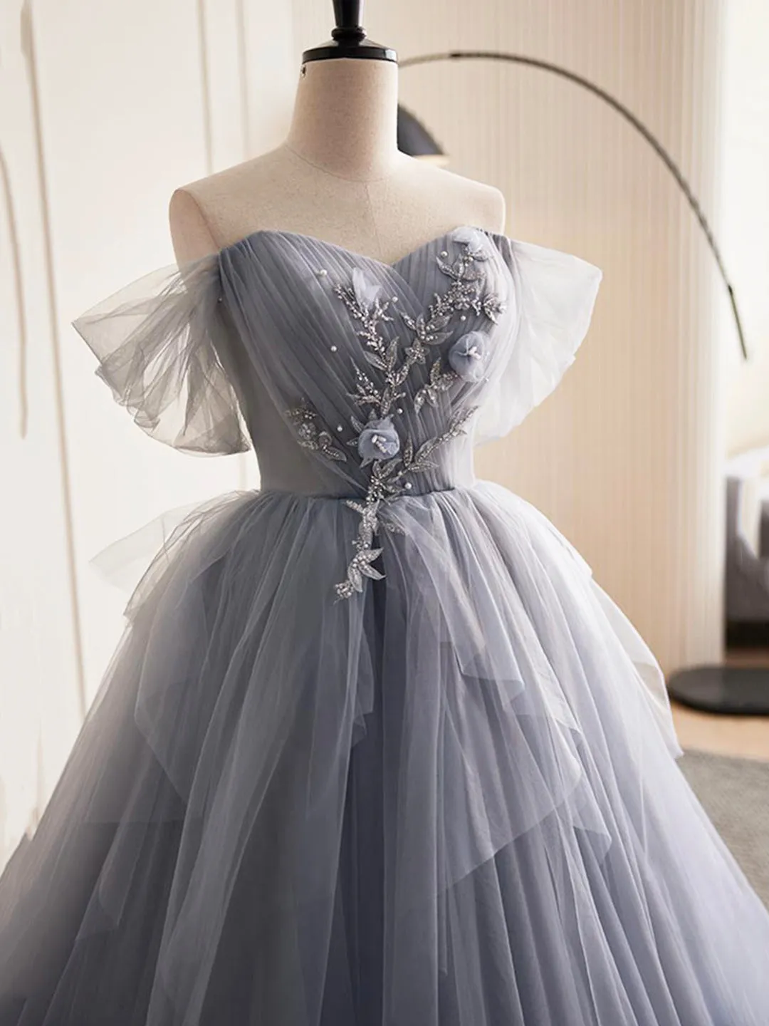 Gray Tulle Long A-Line Prom Dress, Off Shoulder Evening Dress Party Dress