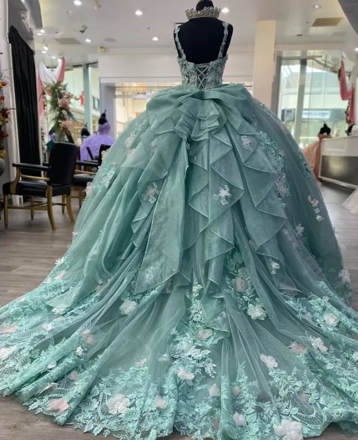 Green Princess Ball Gown Quinceanera Dresses With Bow Appliques Sweet 16 Dress Vestidos De 15 anos    fg4586