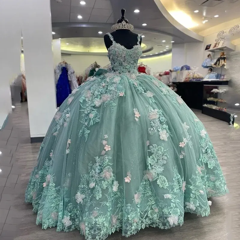 Green Princess Ball Gown Quinceanera Dresses With Bow Appliques Sweet 16 Dress Vestidos De 15 anos    fg4586