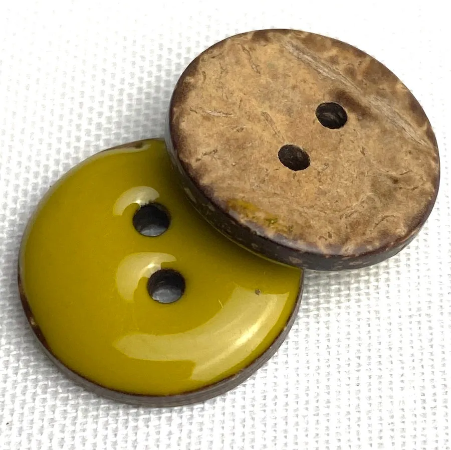 Greenish Mustard Shiny Round 2-Hole Coconut Button, 18mm /  11/16"  #SWC-122