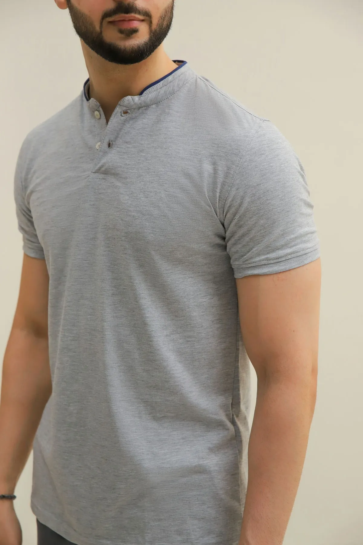 Henley Collar T-Shirt For Men - Heather Grey