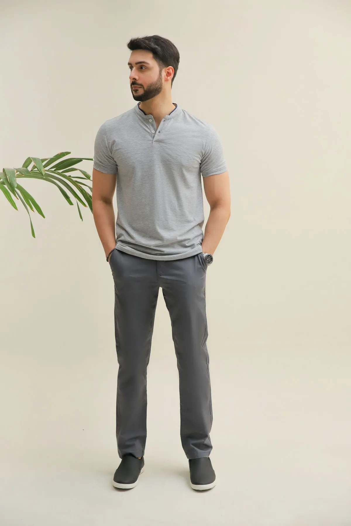 Henley Collar T-Shirt For Men - Heather Grey