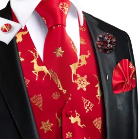 Hi-Tie Mens Waistcoat Red Gold Christmas Tree Elements Vest Necktie Set